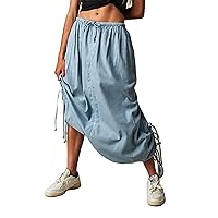 Women Y2k Elastic Maxi Skirt Mid Waist Long Skirt Loose Cargo Skirt Full Length Vintage Streetwear Harajuku
