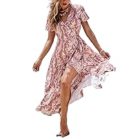 CUPSHE Women Summer Maxi Dress V Neck Short Sleeve Floral Print Wrap Slit Beach Casual Dress