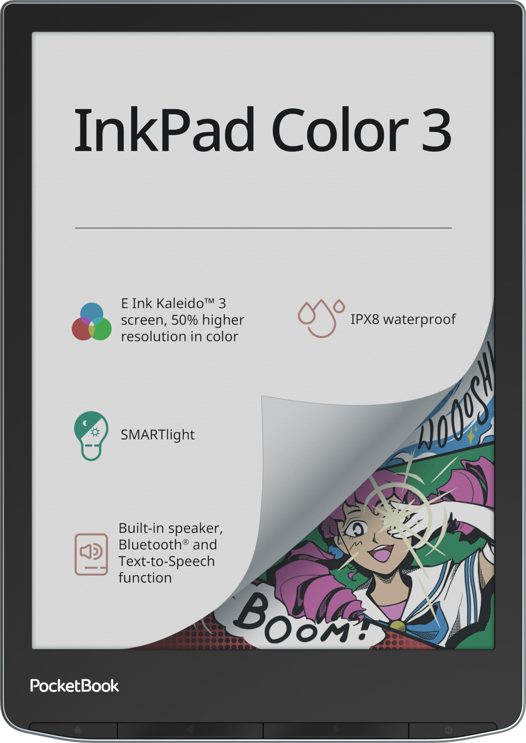 PocketBook InkPad Color 3 E-Book Reader | Enhanced 7.8'' Color E-Paper E-Ink Screen | Eye-Friendly E-Reader for Comics | SMARTlight | Audiobooks & Text-to-Speech | Bluetooth® & Built-in Speaker