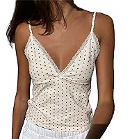 Women Y2k Lace Trim Cami Crop Top Spaghetti Strap Bow Camisole Tank Tops V Neck Sleeveless Lace Going Out Crop Top