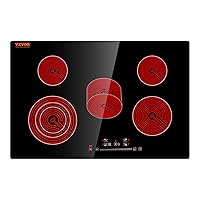 VEVOR Built in Electric Stove Top, 30 inch 5 Burners, 240V Glass Radiant Cooktop with Sensor Touch Control, Timer & Child Lock Included, 9 Power Levels for Simmer Steam Slow Cook Fry