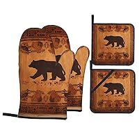 Bear Oven Mitts and Pot Holders Sets of 4 Heat Resistant Kitchen Oven Mitts with Hot Pads Non-Slip Oven Gloves Washable Potholders for Cooking BBQ Baking Grilling