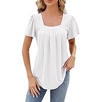 Trendy Tops for Women Spring Summer Square Neck Short Sleeve Pleated Swallowtail Loose Business Casual Tops Blouses