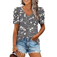 Anydeer Women Puff Sleeve Summer Tunic Top Casual T-Shirts Fashion V-Neck Pullover Loose Blouse