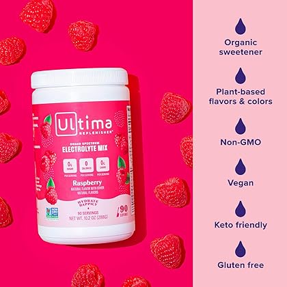 Ultima Replenisher Daily Electrolyte Drink Mix – Raspberry, 90 Servings – Hydration Powder with 6 Key Electrolytes & Trace Minerals – Keto Friendly, Vegan, Non-GMO & Sugar-Free Electrolyte Powder