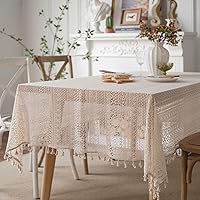 Boho Handmade Crochet Diamond Tablecloth Farmhouse Beige Embroidered Linen Wedding Tablecloth Chic Rectangle Table Cloth for Kitchen Dinning Tabletop Decor, 59