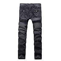 Andongnywell Jeans for Men with Light Color Pleated Trim Straight Zipper Trim Motorcycle Pants Stretch Trousers