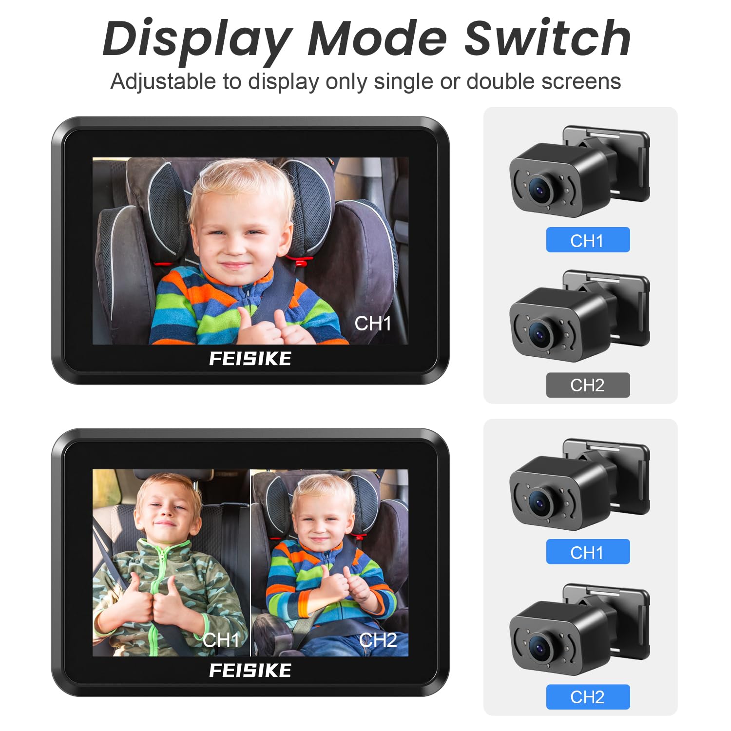 FEISIKE Baby Car Camera, 1080P Dual-Channel 5 inch Display Baby Car Monitor with 2 IR Night Vision Camera, Easily Install Car Camera for Baby with Crystal Clear Wide View for Rear Facing Seat