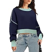 MEROKEETY Women's Crewneck Cropped Color Block Sweater Batwing Sleeve Ribbed Knit Pullover Jumper