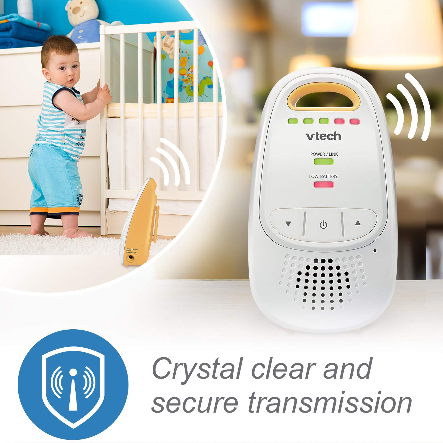 VTech DM111 Upgraded Audio Baby Monitor. 1 Parent Unit with Rechargeable Battery, Best-in-Class Long Range, Digital Wireless Transmission, Crystal-Clear Sound, Plug & Play, Sound Indicator & Alerts