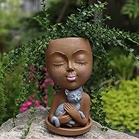 Head Planter Face Pots for Plants, Cute Plant Pots Unique Women Face Vase with Cat for Indoor Outdoor Plants, Resin Head Flower Pots Novelty Face Vase with Drainage Hole Tray