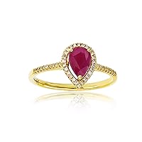 DECADENCE 14K Yellow Gold 0.14 CTTW Round Diamond & 7x5mm Pear Shape Ruby Halo Ring