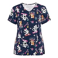 Womens Work Scrub Tops Short Sleeve Blouses for Women V Neck Floral Loose Fit Long Cute Fall Summer Shirt 2024