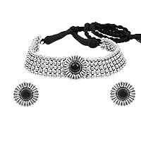 Classic German Silver Oxidised Jewellery Set Traditional Choker Necklace Set for Women and Girls | Set of 3 | Earings & Necklace | Antique Ethnic Indian Traditional jewellery