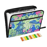 Monkey Pagoda and Peonies Accordion File Organizer with Safe Zipper,13 Pocket Expanding File Folder with Sticky Labels,A4 Letter Size Paper,Portable File Organizer for Office Supplies