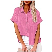 Womens Cotton Linen Button Down Shirt Summer Casual Short Sleeve Solid Color Shirts Loose Work Tops with Pockets