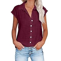 Warehouse Deals Clearance Womens Short Sleeve Button Down Shirt Collared V Neck Blouse Summer Cotton Linen Tops Loose Fit Casual Dressy Clothes Camisas para Mujer de Vestir