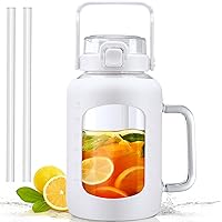 64oz Glass Water Bottle, Glass Tumblers with Straw and Handle, Cup with Silicone Sleeve, Wide Mouth Half Gallon Water Bottle with Time and Water Marker, Water Jug White