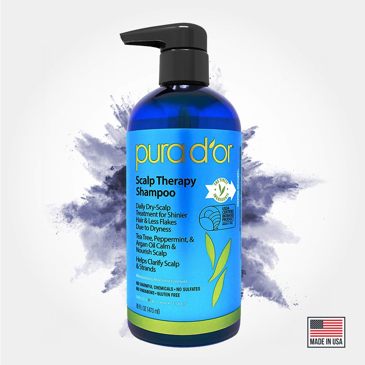 PURA D'OR Scalp Therapy Shampoo (16oz) Hydrates & Nourishes Scalp - Scalp Care Shampoo For Itchy Flaky Scalp w/ Tea Tree, Peppermint, Patchouli, Cedarwood, Clary Sage, Argan Oil (Packaging may vary)