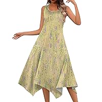 Midi Dresses for Women Casual Summer Boho Dress Sleeveless Sundress Hankerchief Hem Maxi Tank Dresses Dress with Pockets