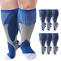6 Pairs Plus Size Compression Socks Wide Calf for Men Women 20-30mmhg for Running Travel Flight Teachers