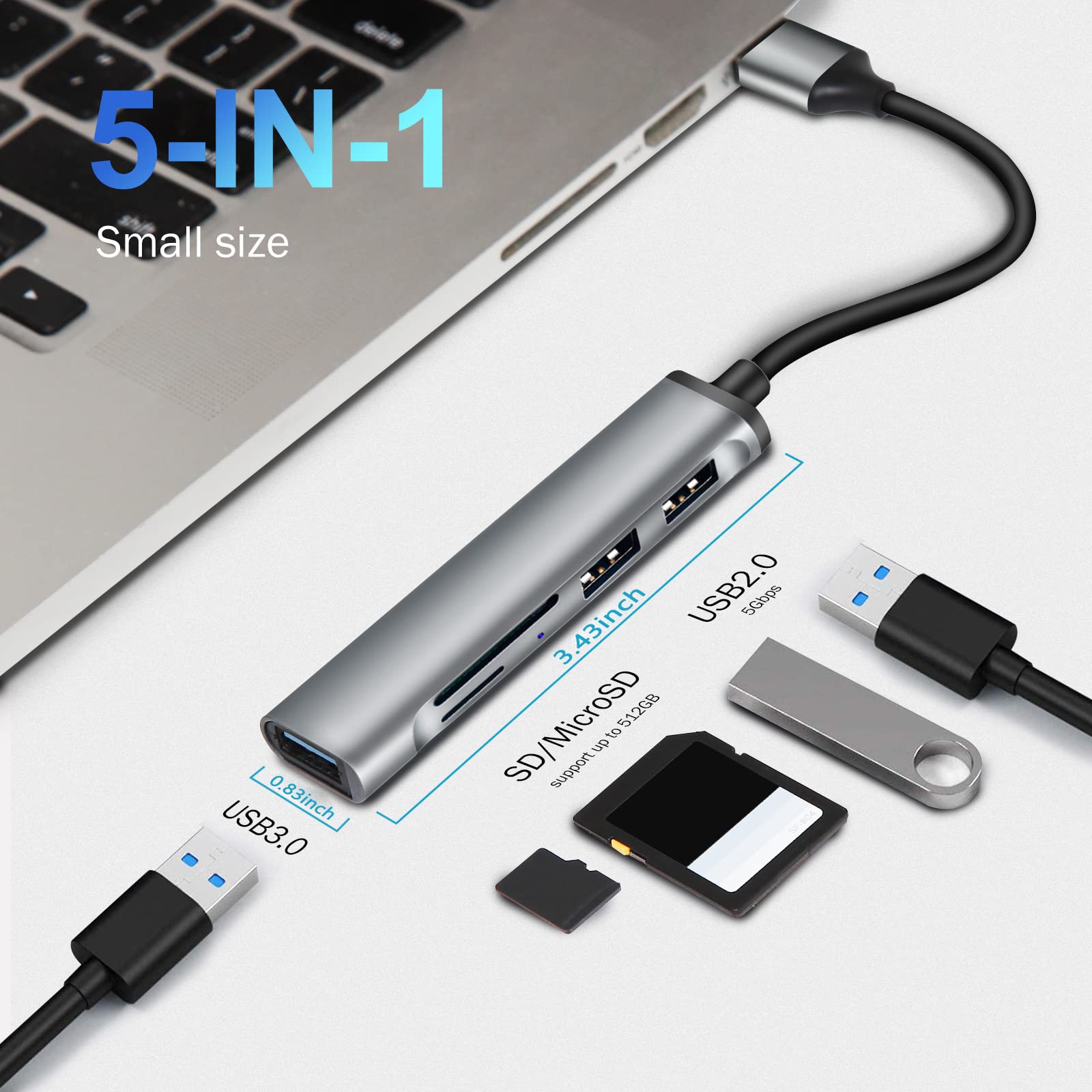USB Hub, 5 in 1 USB Port Expander, USB 3.0 Hub Multiport , USB Splitter with SD/TF Cards Reader, USB Docking Station for Laptop, PC, Mac, MacBook, Aluminum