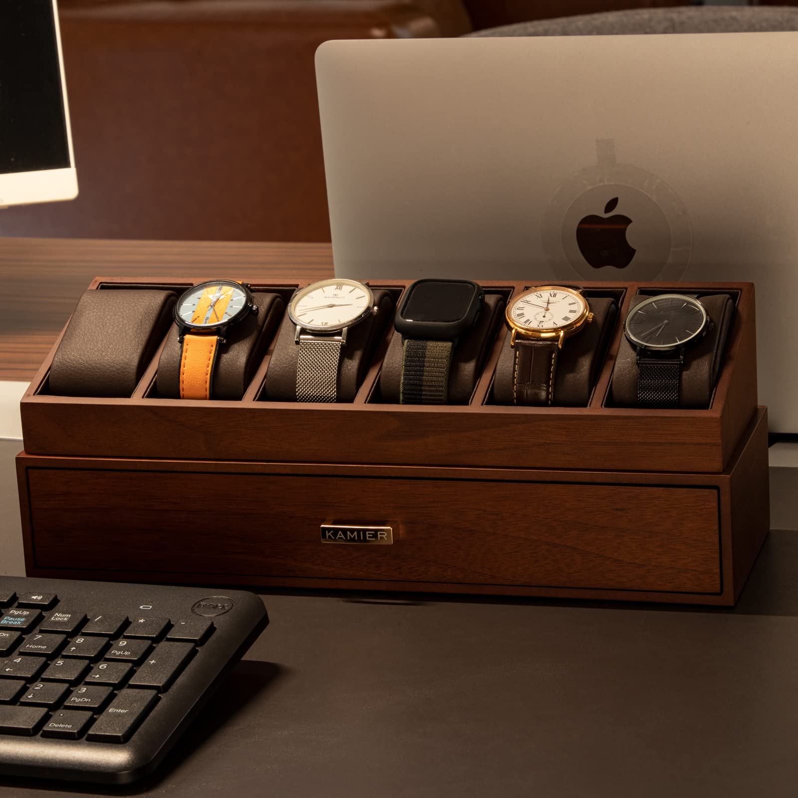 KAMIER Watch Box Case Organizer Display for Men,Two-Tier Wooden Watch Box Organizer For Men with watch holder and Drawer,Walnut