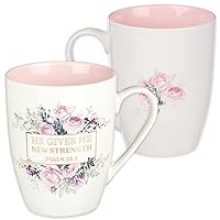 Ceramic Coffee Mug 12 oz Inspirational Coffee Cup for Women – Women He Gives Me New Strength: Psalm 23:3 – Lead and Cadmium-Free Drinkware, White and Pink Floral Mug