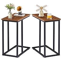 VECELO C Shaped End Side Table for Sofa Couch and Bed Snack TV Tray for Living Room Bedroom, 2 Set, Brown