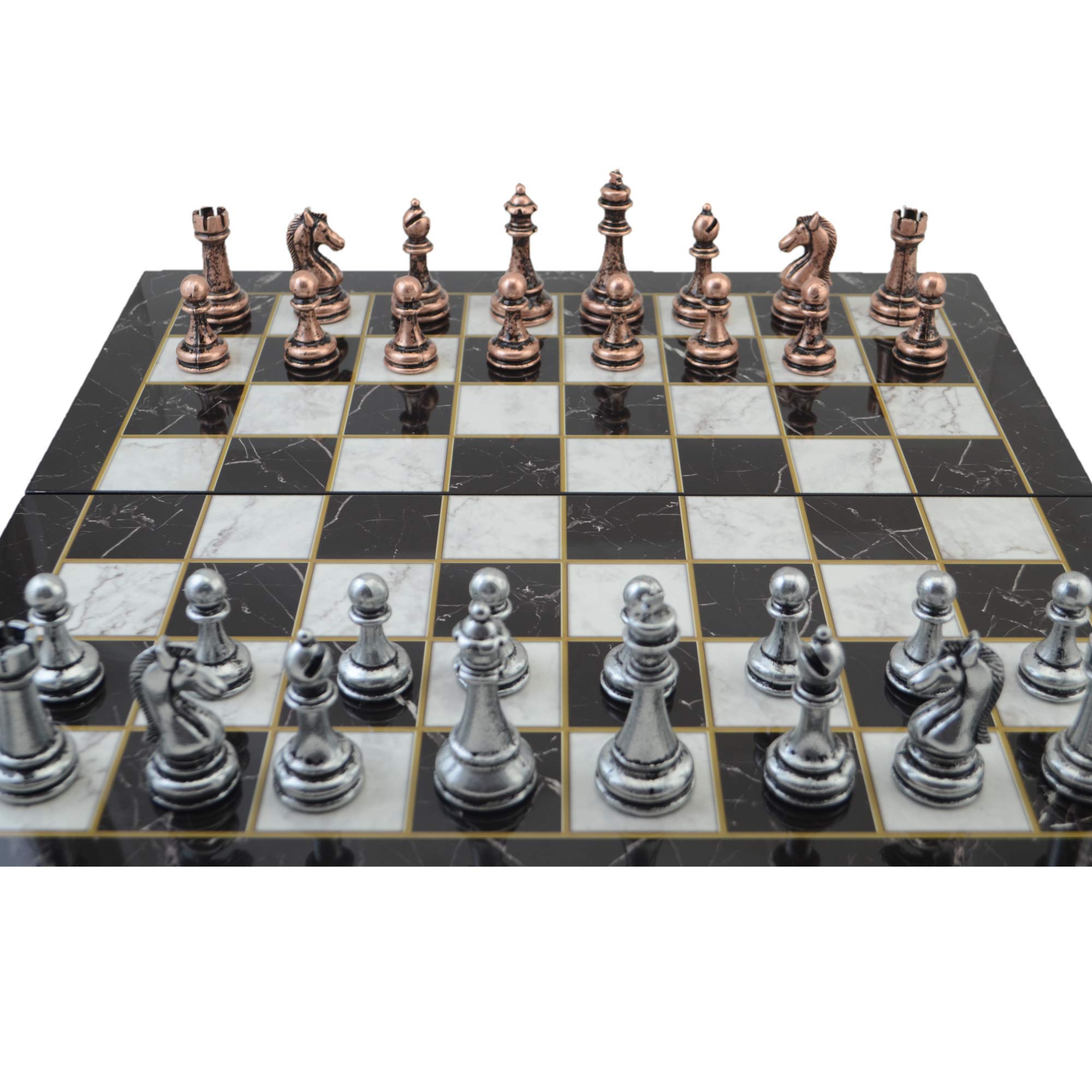 Classic Antique Copper Chess Set for Adults,Handmade Pieces and Marble Design Wood Chess Board King 2.96 inc