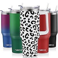 40 oz Tumbler with Handle and Straw Lid, 100% Leak Proof Tumblers, Stainless Steel Insulated Cup Travel Coffee Mug, Keeps Drinks Cold for 24 Hours, Cupholder Friendly, BlackWhite Leopard