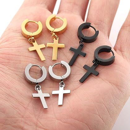 Cross Earrings for Men Women 316L Stainless Steel Dangle Hoop Cross Earrings Men Earrings