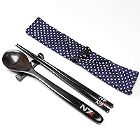 9 Inch Natural Ebony Wood Spoon and Chopsticks Set Reusable Custom Personalized Logo Engraving -Hand Polished Finish Without Lacquer and Varnish -Christmas Gift With Carry-and-Go Cotton Pouch