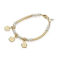 Elegant Gold Little Girl Banglet Bracelet - with Cream European Pearls, Flowers and Gold Beads - Perfect for Birthday Gifts, Baby Keepsake Gifts (BN10-R)