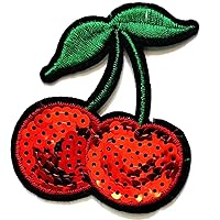Nipitshop Patches Cherry Sweet Patch Two Light Red Cherry Fruit Cartoon Kids Embroidery Iron On Flower Appliques for Craft Sewing Clothing