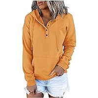 Anjikang Fashion Hooded Sweatshirts for Women Fall Casual Drawstring Button Collar Hoodie Loose Fit Pullover Tops with Pocket