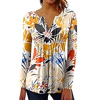 Womens Tops Long Sleeve Button Neck Pleated Loose Fit Lightweight Blouse Casual Floral Printed T Shirts