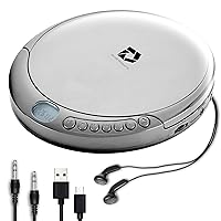 CD Player Portable with 60 Second Anti Skip, Stereo Earbuds, Includes Aux in Cable and AC USB Power Cable for use at Home or in Car. Silver