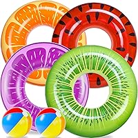 FindUWill 6 Pack Pool Floats Kids, Pool Swim Tubes Rings(4 Pack) - 4Pcs Inflatable Big Floaties Beach Swimming Toys with 2Pcs Beach Balls for Adults Raft Floaties Toddlers