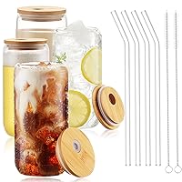 Glass Cups with Lids and Straws 4pcs Set - 16oz Drinking Glasses, Beer Glasses, Iced Coffee Cups, Cute Glass Tumbler for Smoothie, Milk Tea, Whiskey, Gifts for Women Men