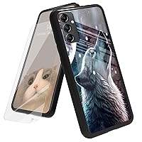 for Samsung Galaxy A13 5G Case with Screen Protector, Tempered Glass Back + Soft Silicone TPU Shock Absorption Bumper Girls Women Case for Galaxy A13 5G, Wolf Looking up Moon