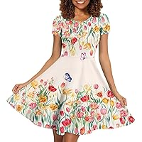 Women's Summer Floral Animal Print T Shirt Dress Casual Loose Short Sleeve A Line Swing Dress