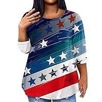 2024 Summer Tops Women's Fashion Plus Size Casual Three Quarter Sleeve AI Independence Day Printed Round Neck Top with Pocket