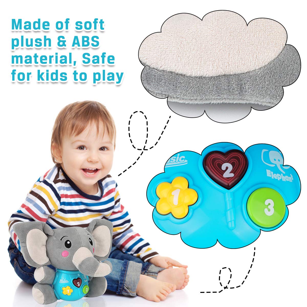 Aitbay Plush Elephant Music Baby Toys 0 3 6 9 12 Months, Cute Stuffed Aminal Light Up Baby Toys Newborn Baby Musical Toys for Infant Babies Boys & Girls Toddlers 0 to 36 Months (Gray)