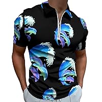 Dolphin Waves Mens Polo Shirts Quick Dry Short Sleeve Zippered Workout T Shirt Tee Top