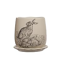 Creative Co-Op 6.5 Inches Round Stoneware Rabbit Design and Scalloped Saucer, Holds 5 Inches Pot, White and Charcoal, Set of 2 Planter