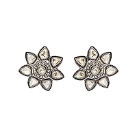 Floral Polki Diamond Studs Earrings Victorian 925 Sterling Silver Earrings Fancy Uncut Diamond Wedding Earrings Handmade Dainty Studs Mother Studs Gift
