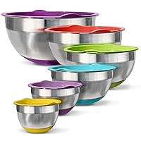 Stainless Steel Mixing Bowls with Lids – Non-Slip Bottoms, Nesting for Space Saving Storage, Polished Mirror Finish, Ideal for Cooking, Baking & Serving, Food & Salad Prep. (Set of 6)