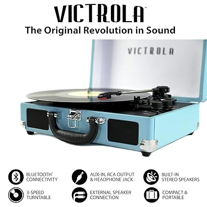 Victrola Vintage 3-Speed Bluetooth Portable Suitcase Record Player with Built-in Speakers | Upgraded Turntable Audio Sound| Includes Extra Stylus | Turquoise, Model Number: VSC-550BT
