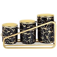 Ceramic Gold-Patterned Metal Canister Set for Kitchen Countertop - A Set of 3 Kitchen Canisters with Tiered Shelf, Airtight Countertop Flour and Sugar Containers, Coffee and Tea Storage (Black)
